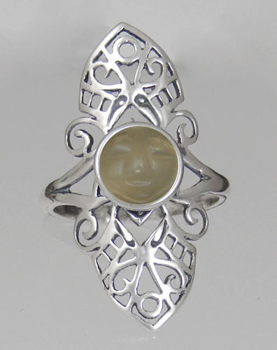 Sterling Silver Filigree Ring With Peach Moonstone And Moonface Size 9